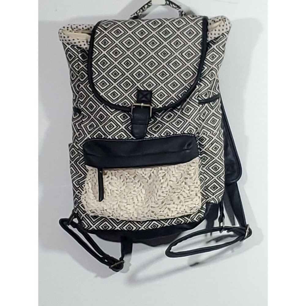 Madden Girl Bookbag Backpack Rucksack Ivory Black Med Embroidery Diamond Pattern